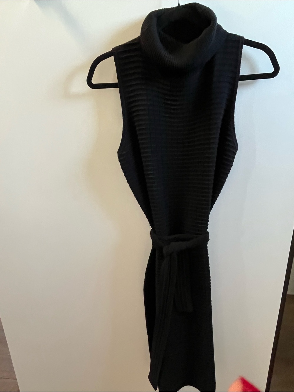 Calvin Klein Black Sleeveless Turtleneck Midi Knit Dress with Tie